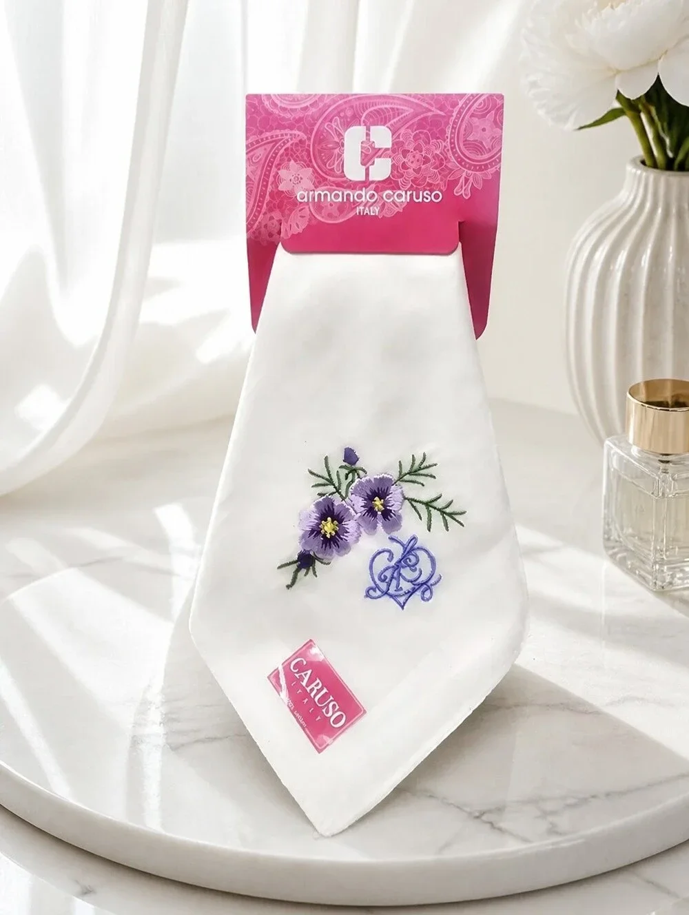 Armando Caruso New Embroidered White w/ Purple Flowers 100% Cotton Handerchief